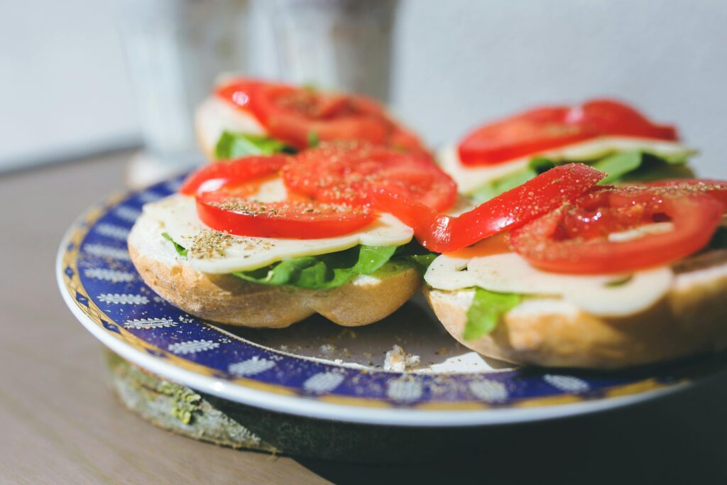 easy high-protein lunch with mozarella and tomato sandwich