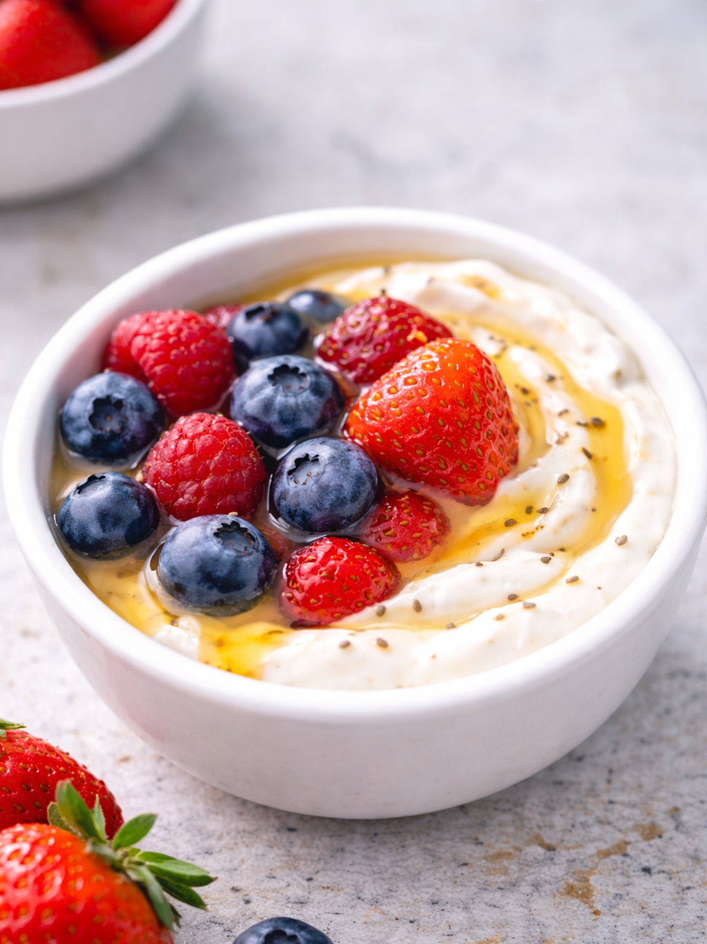 Plain Greek yogurt topped with mixed berries and honey as a sweet high-protein snack without protein powder.