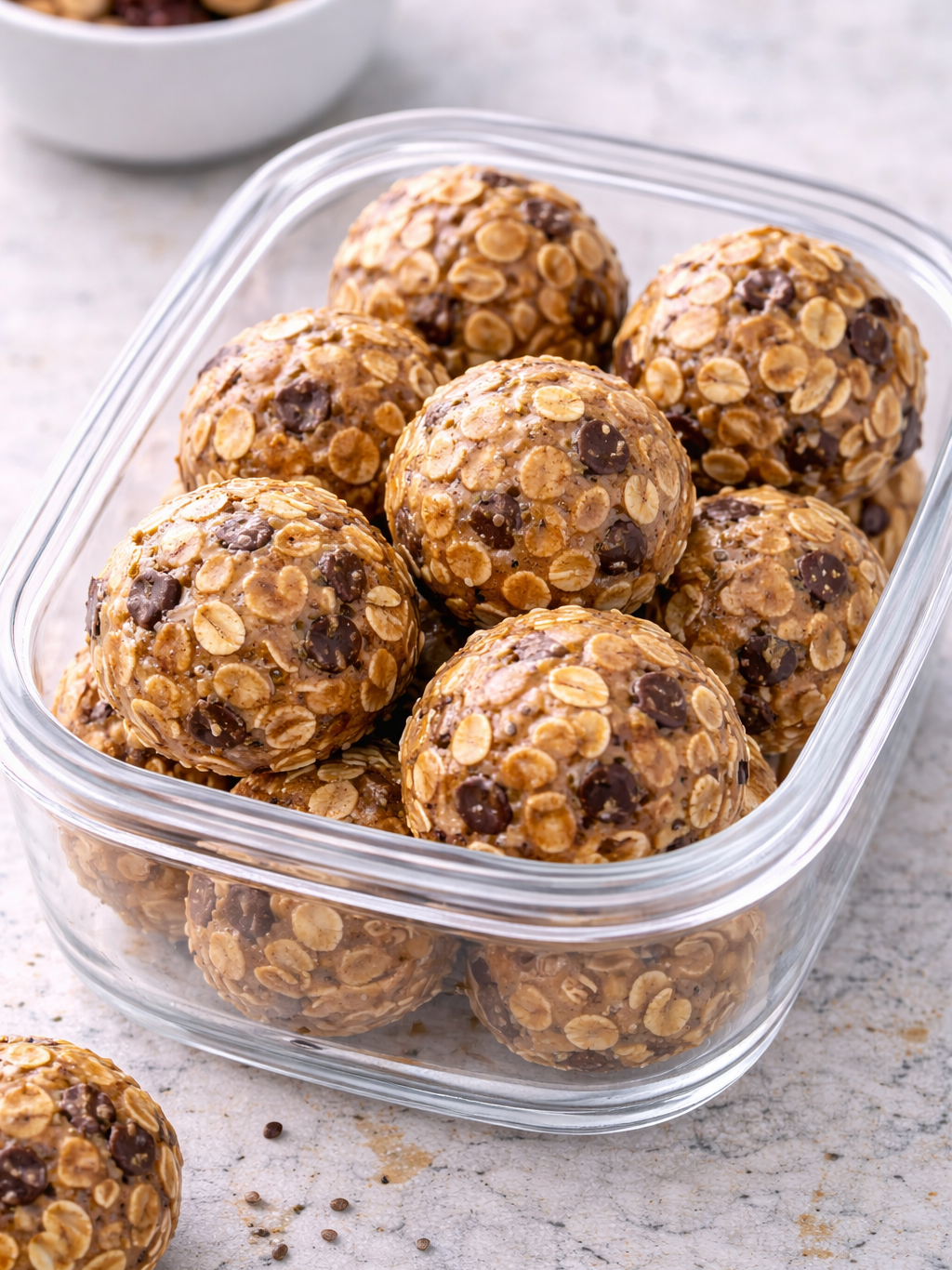 Homemade high-protein energy bites made with oats, nut butter, and chia seeds, prepared without protein powder.
