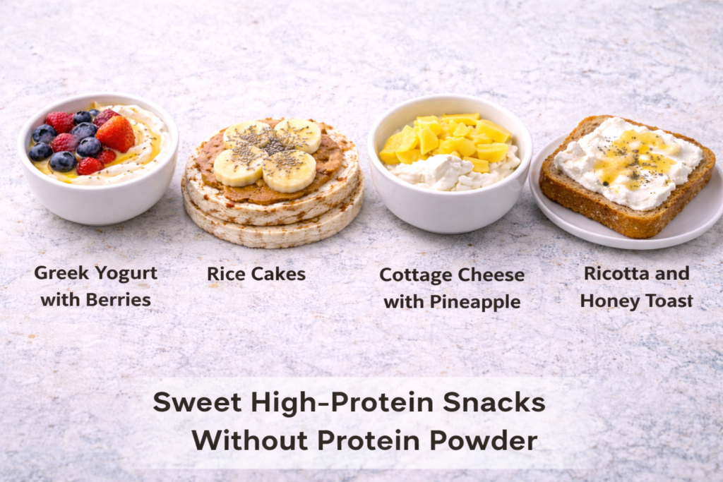 Variety of sweet high-protein snacks without protein powder displayed side by side for easy comparison.
