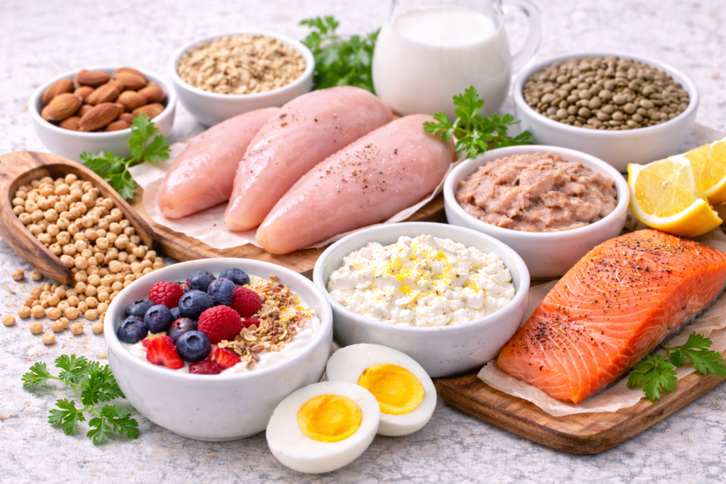 High protein foods including eggs, yogurt, chicken, and legumes