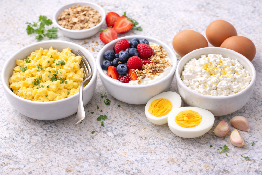 High-protein whole-food breakfast with eggs and Greek yogurt