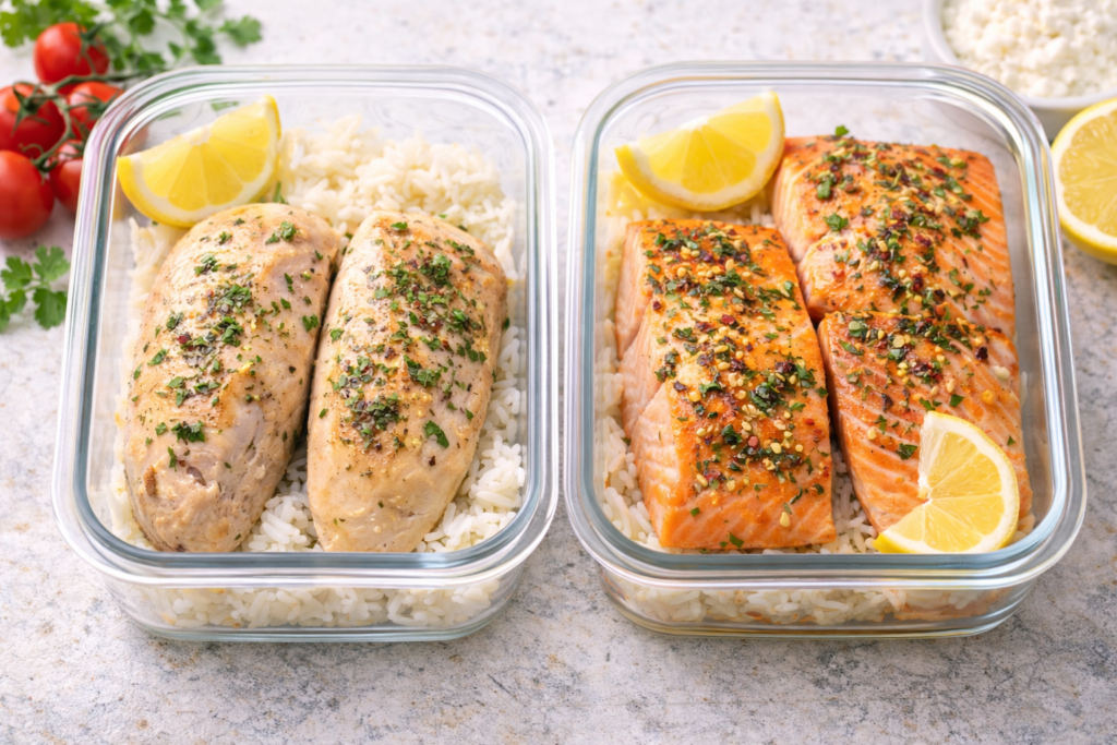 Lean chicken breast and salmon whole-food protein meal prep