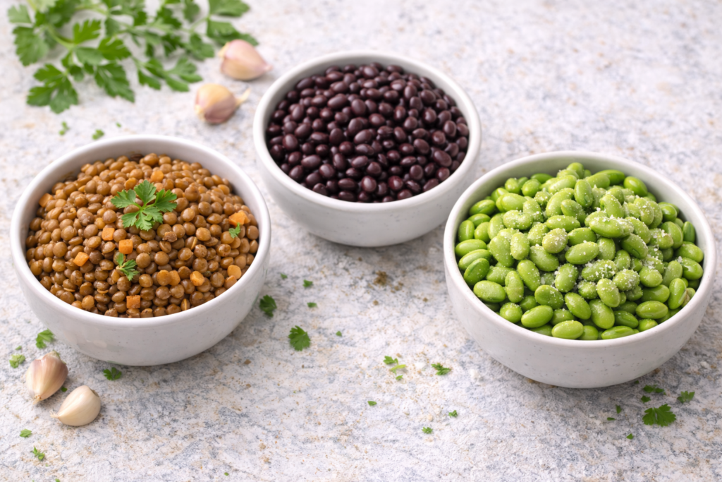 Plant-based whole-food protein sources including lentils and bean