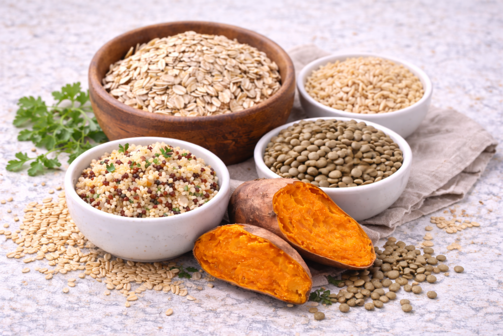 Simple carbohydrates vs complex carbohydrates comparison with white bread and whole grains
